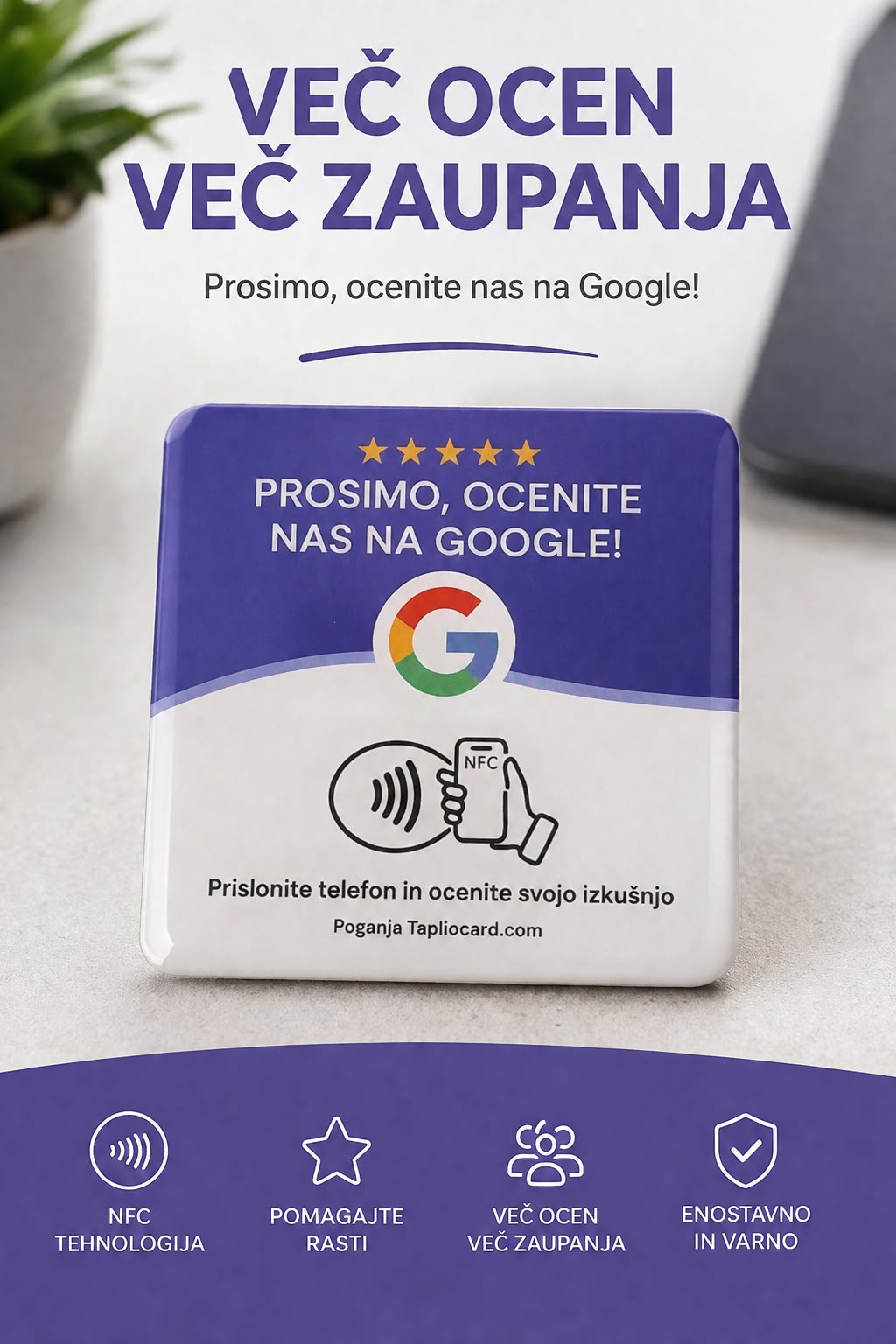 Hand holding two 'Review us on Google' tap cards