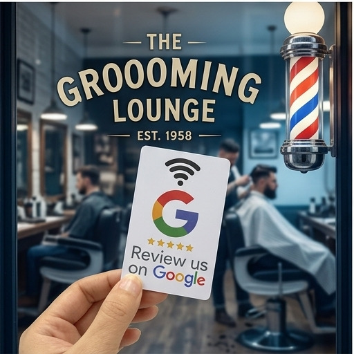 Review card held inside The Grooming Lounge barbershop