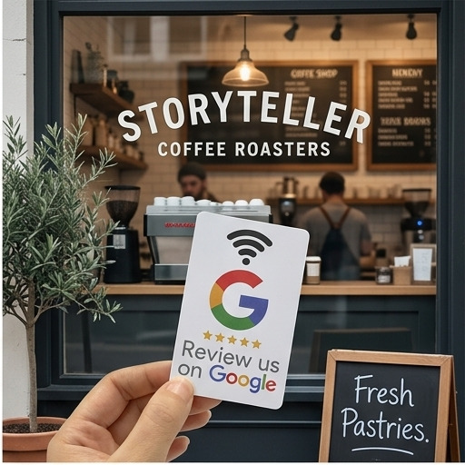 Review card held outside Storyteller Coffee Roasters