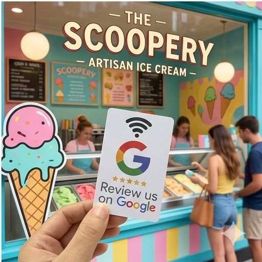 Review card held inside The Scoopery ice cream parlour