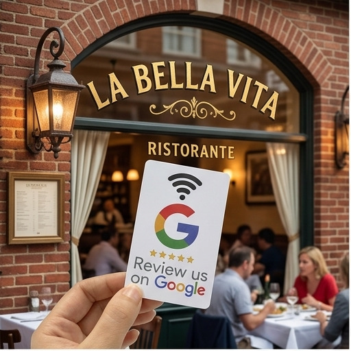Review card held outside La Bella Vita Ristorante